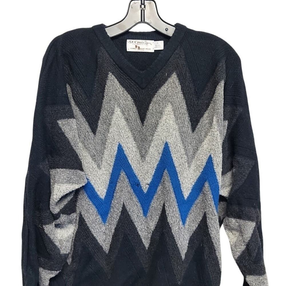 St Croix Knits Mens XL Wool Blend V-Neck Sweater Black Grey Blue Zigzag USA Made
